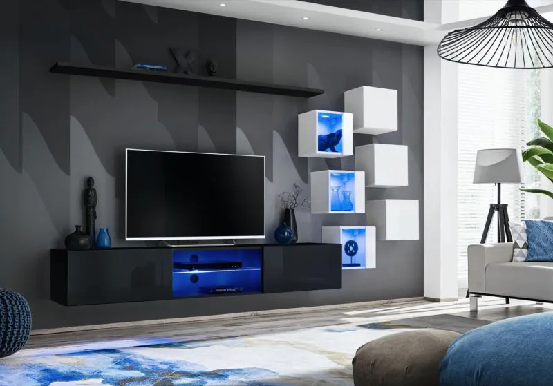 Meuble mural moderne Volleberg 06 | Push-to-open | Noir/Blanc | LED bleue | 140 x 260 x 40 cm