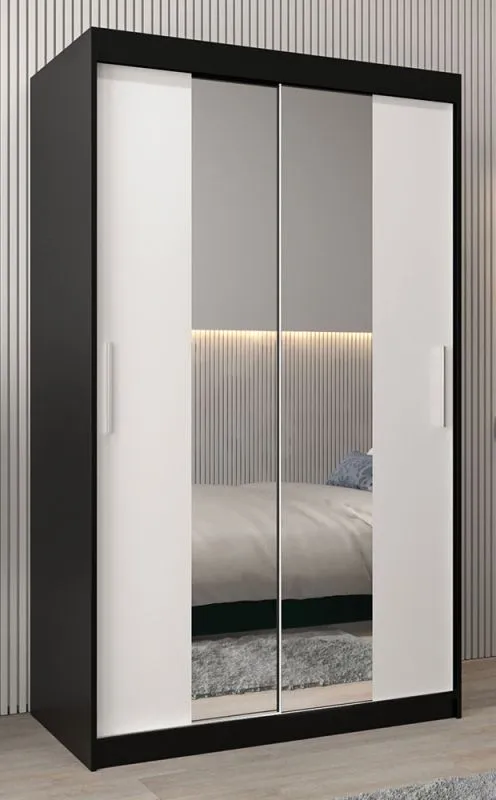 Armoire à portes coulissantes Bisaurin 2B avec miroir | Noir / Blanc mat | 200 x 120 x 62 cm