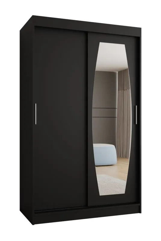 Penderie Musala 07 noire | Portes coulissantes miroir | 120 cm | 2 tringles | 5 casiers | Rails aluminium