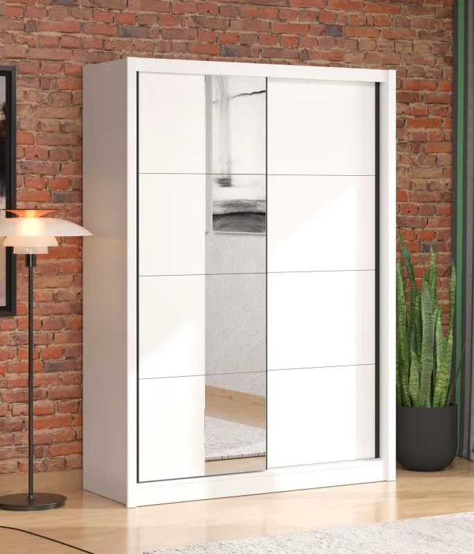 Armoire à portes coulissantes / Penderie / 1 porte miroir / Couleur : Blanc opaque / 2 tringles à vêtements / 5 compartiments / Dimensions : 155 x 60 x 215,5 cm / Chants ABS