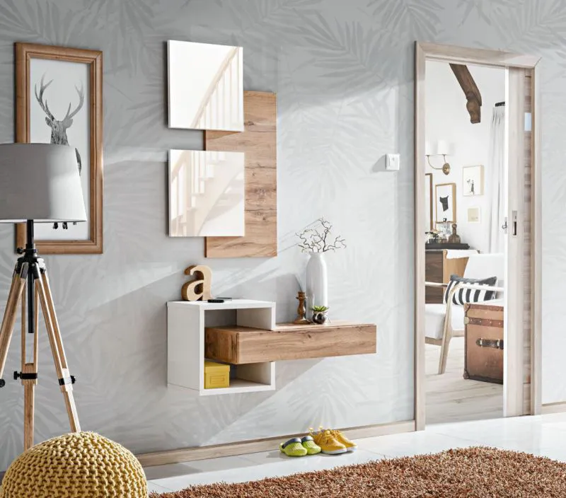 Panneau mural moderne avec miroir Pollestad 02 | chêne Wotan / blanc | 160 x 100 x 30 cm | 1 tiroir
