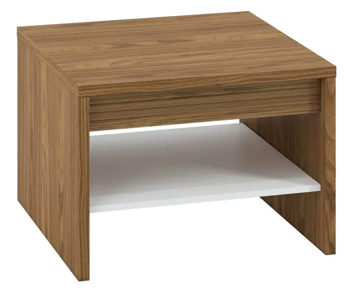 Table basse Tempe 14, couleur : noyer / blanc brillant, insert frontal : noyer - Dimensions : 49 x 69 x 69 cm (H x L x P)