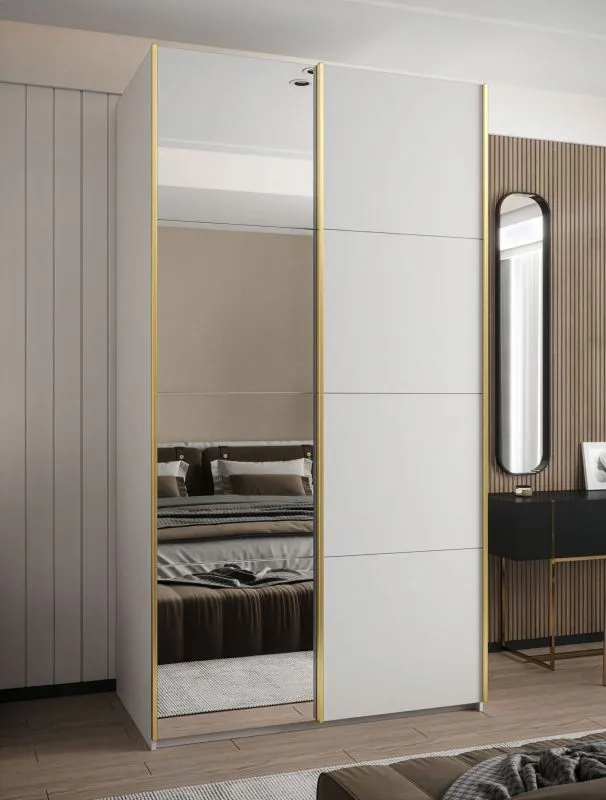 Penderie / armoire à portes coulissantes / 2 armoires à portes coulissantes / 245,5 x 130 x 64 cm / 6 compartiments / Soft-Close / 2 tringles à vêtements / Couleur : Blanc / Miroir