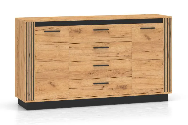 Buffet / Commode à quatre tiroirs Dagali 06, deux portes, Couleur : Chêne / Noir, fonction Soft-Close, quatre compartiments, protection des bords ABS