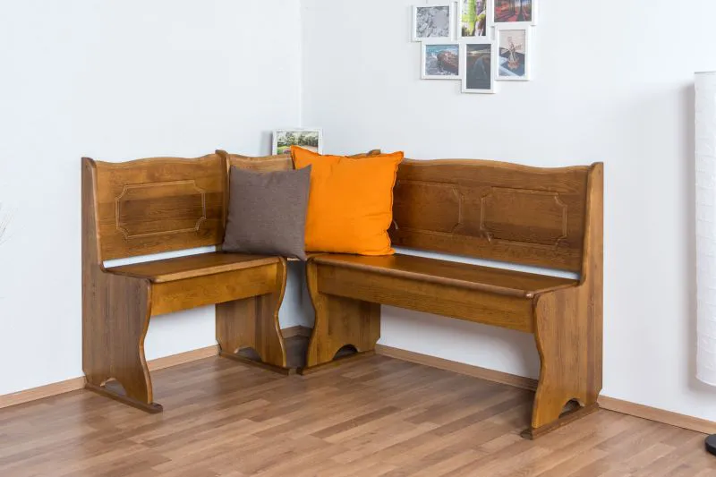 Banc d’angle en pin massif | Finition chêne rustique | Junco 243 | 84 x 110 x 152 cm