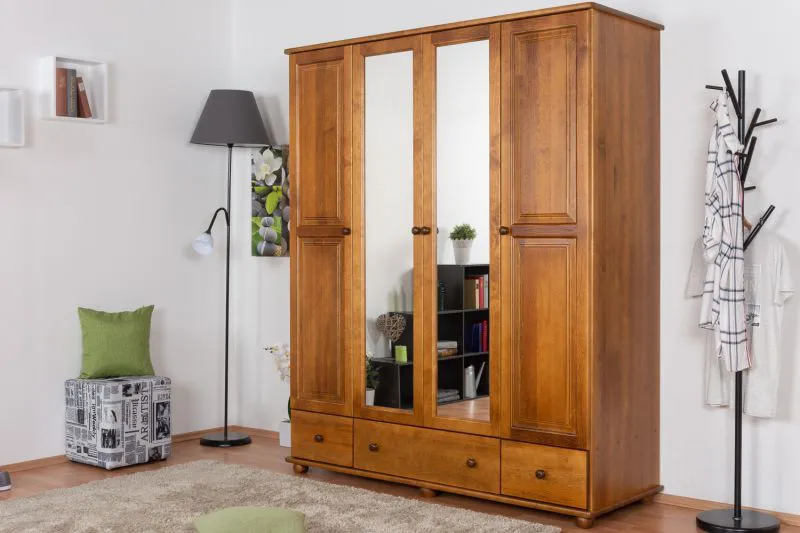Armoire en pin massif finition chêne rustique Junco 02 | 195 x 162 x 60 cm | Rangement optimisé