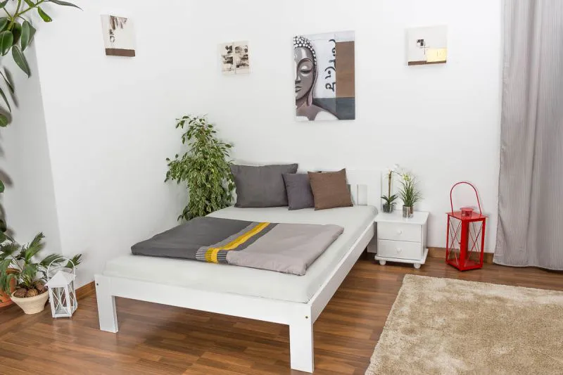 Lit simple / lit d'appoint en bois de pin massif, laqué blanc 75, avec sommier à lattes - dimension 140 x 200 cm