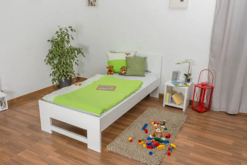 Lit enfant ou adolescent en bois de hêtre massif blanc laqué 111 | 90 x 200 cm | Inclus sommier | Design moderne