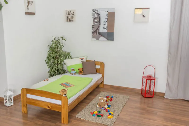 Lit enfant ou adolescent en pin massif finition chêne A6 | 90 x 200 cm | Sommier inclus | Design moderne