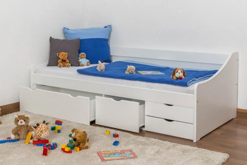 Lit fonctionnel adolescent 90x200 cm | Pin massif blanc laqué | Inclus sommier | 4 tiroirs | SG-DR-LOCL-94-WE