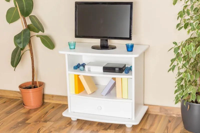 Meuble TV bas en pin massif blanc Junco 199 | Design moderne | 66 x 72 x 44 cm