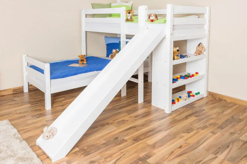 Lits superposés enfants en hêtre massif blanc, avec toboggan et étagère | Séparables | 90 x 200 cm | Sommier à lattes inclus