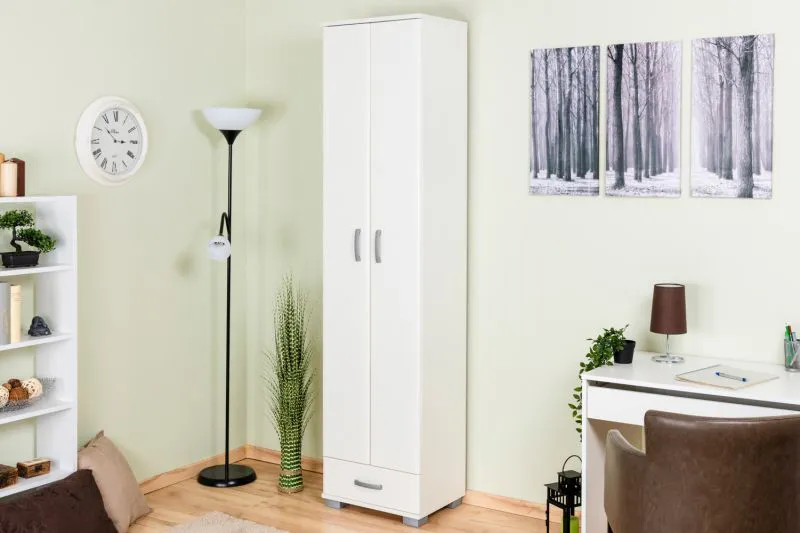Armoire blanche à portes battantes Potes 01 | 209 x 50 x 37 cm | Rangement optimisé