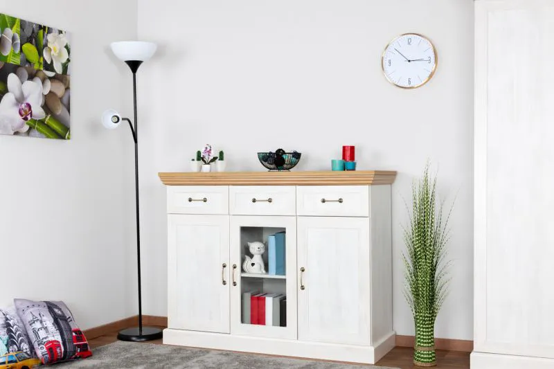 Commode Badile 02 | Pin blanc & marron | 98 x 127 x 46 cm | 3 portes, 3 tiroirs, style campagne