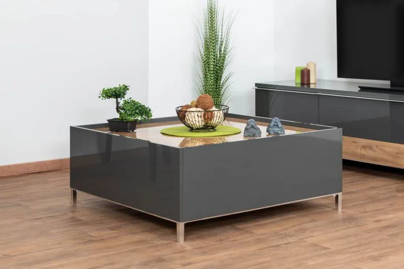 Table basse contemporaine Vaitele 29 | Anthracite brillant & noyer | 90 x 90 x 37 cm