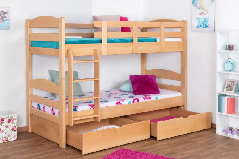 Lits superposés séparables 90x200 cm | hêtre massif naturel | 2 tiroirs & caches | Easy Premium Line K21/n | Design arrondi