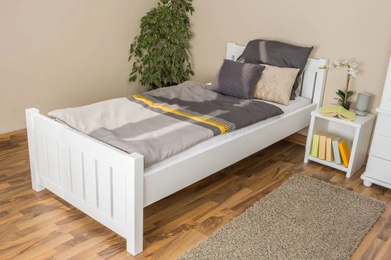 Lit simple / lit d'appoint en pin massif blanc66, sommier à lattes inclus - Dimensions 90 x 200 cm
