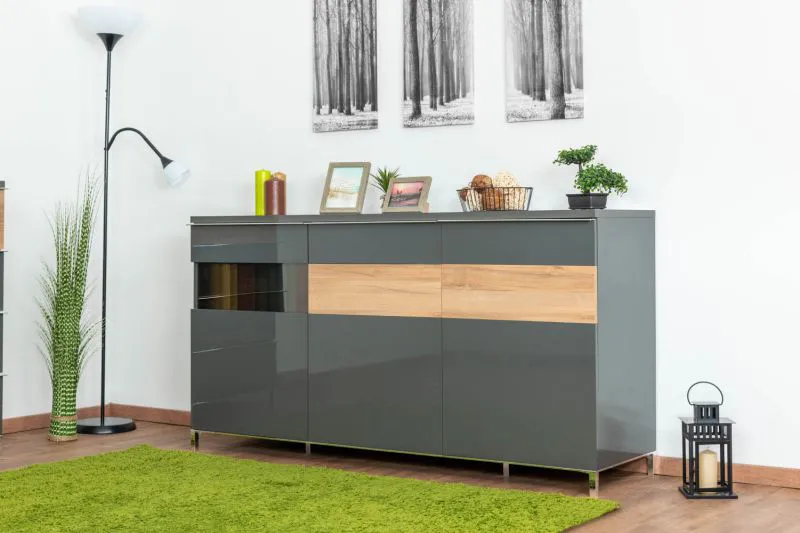 Commode Vaitele 28 | Anthracite brillant & noyer | 88 x 167 x 45 cm | Design contemporain