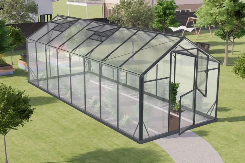 Serre - Serre Rucola L12, parois : verre trempé 4 mm, toit : 6 mm HKP multiparois, surface au sol : 12,50 m² - Dimensions : 570 x 220 cm (lo x la)