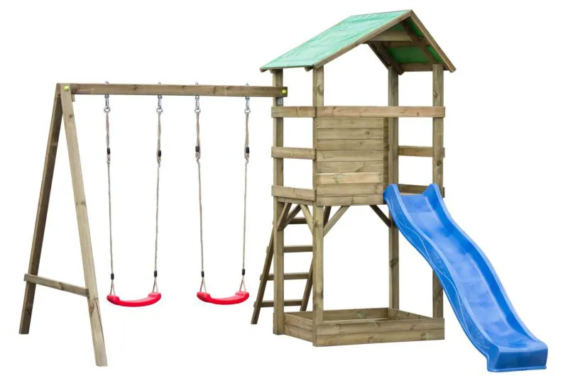 Tour de jeux S18A avec toboggan ondulé, balançoire double, bac à sable et échelle en bois - Dimensions : 311 x 369 cm (l x p)