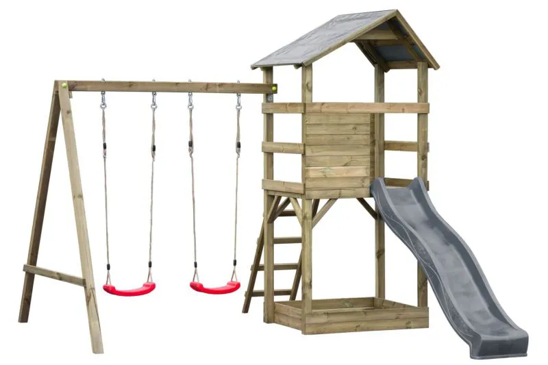 Tour de jeux S18B avec toboggan ondulé, balançoire double, bac à sable et échelle en bois - Dimensions : 311 x 369 cm (l x p)