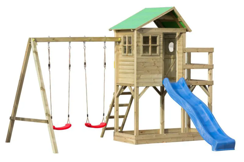 Tour de jeux S19A avec toboggan ondulé, balançoire double, balcon, bac à sable et échelle en bois - Dimensions : 378 x 369 cm (l x p)