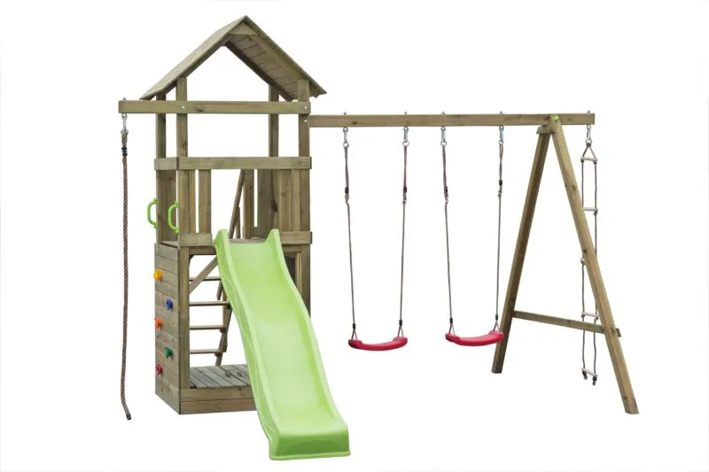 Tour de jeux S27, incl. toboggan ondulé, balançoire double, bac à sable avec couvercle et mur d'escalade, 368 x 386 cm, tour de jeux pour enfants, tour d'escalade
