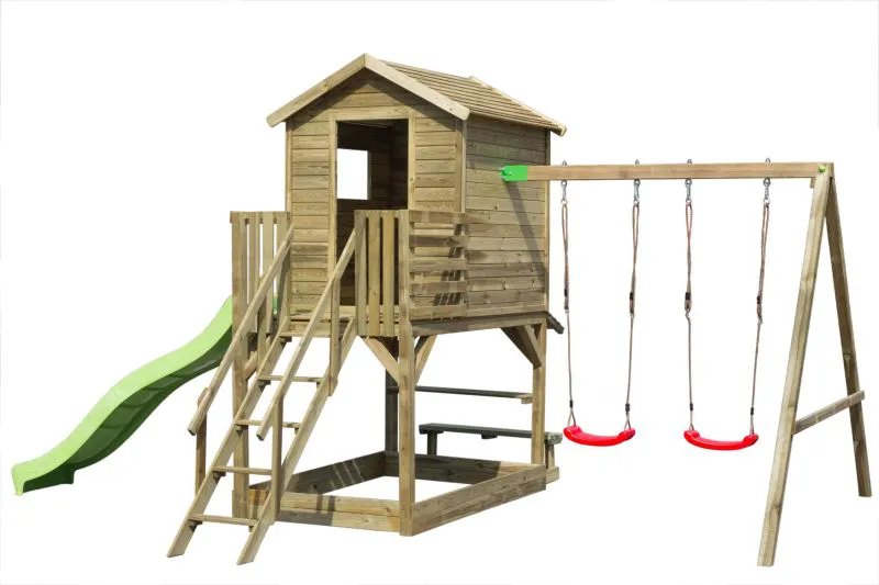 Tour de jeux S28, avec toboggan ondulé, balançoire double annexe, balcon, bac à sable et banc couvert, 498 x 352 cm, tour de jeux pour enfants