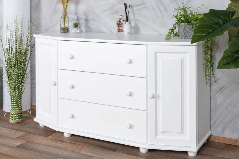 Commode en bois de pin massif blanc Junco 169 | 3 tiroirs & 4 compartiments | 78 x 140 x 47 cm