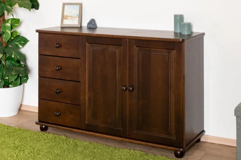 Commode en pin massif couleur noyer Junco 172 | 4 tiroirs, 2 niches | 78 x 121 x 42 cm | Design moderne