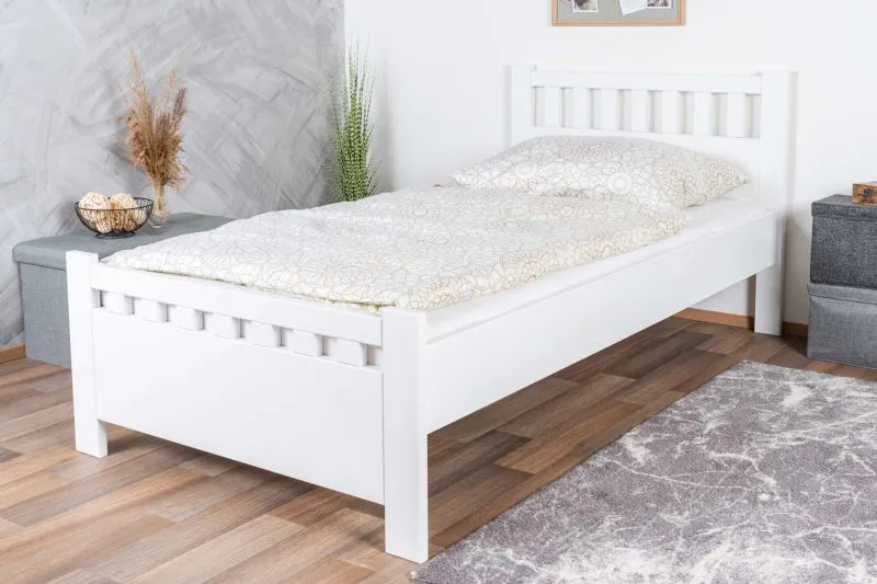 Lit simple confortable, lit d'invité simple en hêtre massif 109, sommier à lattes inclus, en blanc, surface de couchage 100 x 200 cm, bois de grande qualité, durable