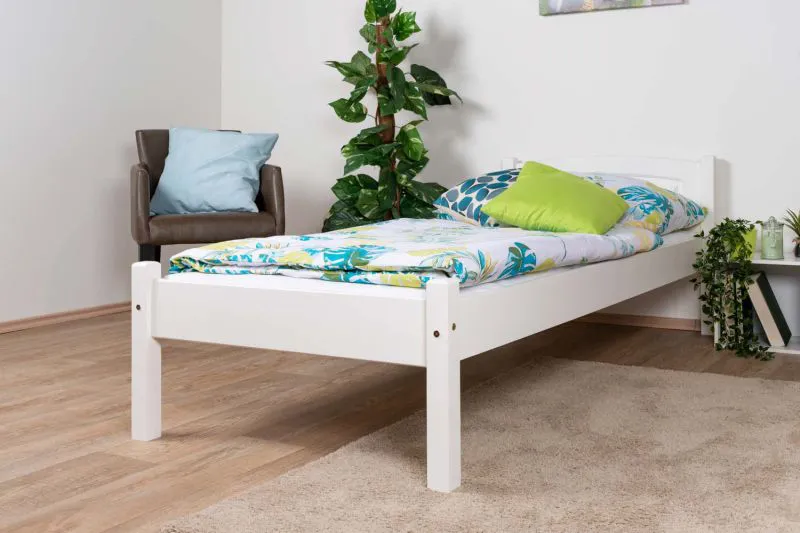 Lit simple / Lit d'appoint en pin massif laqué blanc 86, sommier à lattes inclus - Surface de couchage 80 x 200 cm