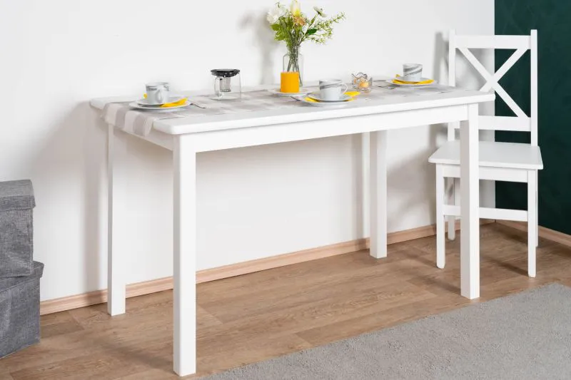Table de cuisine en pin massif blanc Junco 228D | 70 x 130 cm | Carrée | Stable | Montage facile
