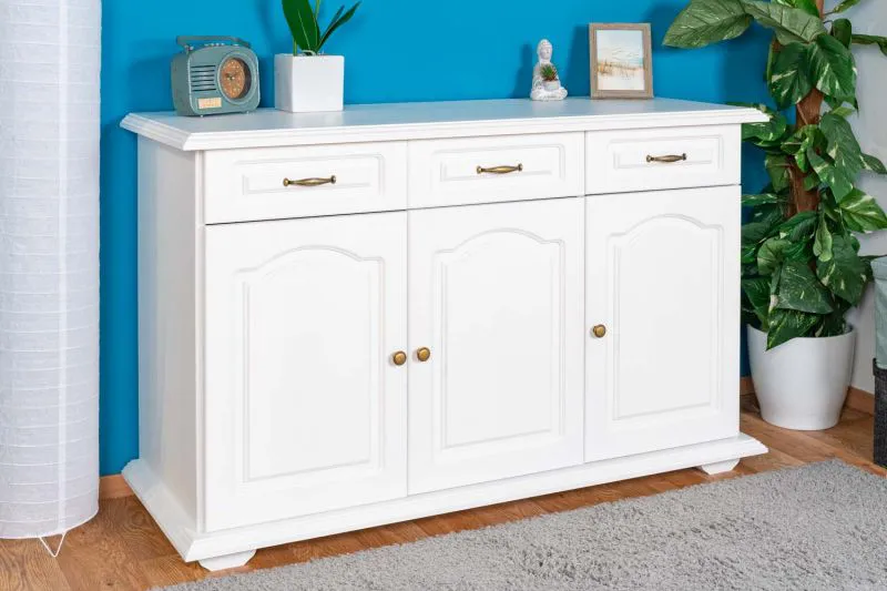 Commode Pipilo 14 en pin massif blanc | 3 tiroirs, 3 portes, 6 compartiments | 88 x 139 x 54 cm