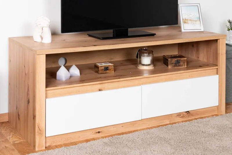 Meuble TV Faleula 06, avec protection ABS, chêne / blanc, Dimensions : 52 x 130 x 53 cm, deux tiroirs, un compartiment ouvert, pour le salon