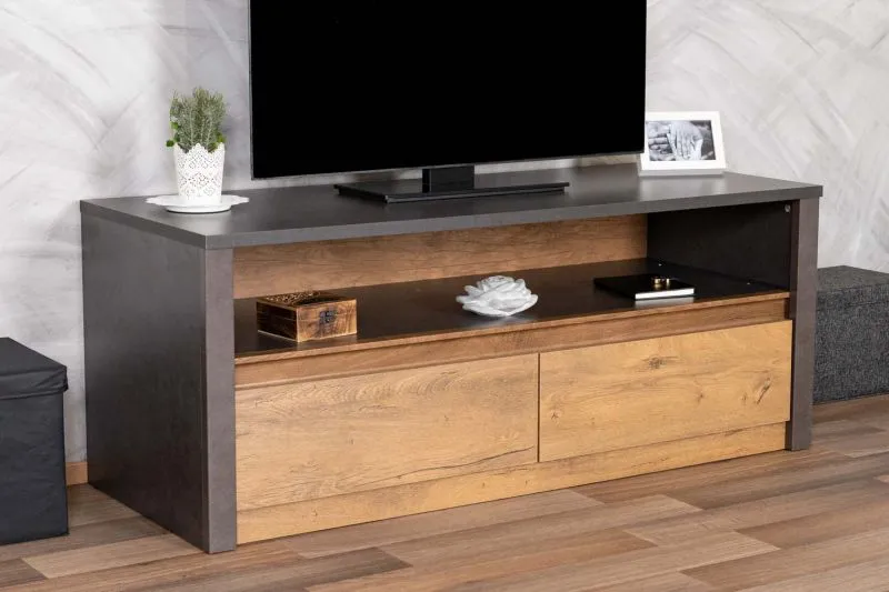 Meuble TV bas Selun 13 | Chêne brun foncé & Gris | 53 x 130 x 53 cm | 2 tiroirs | Design moderne