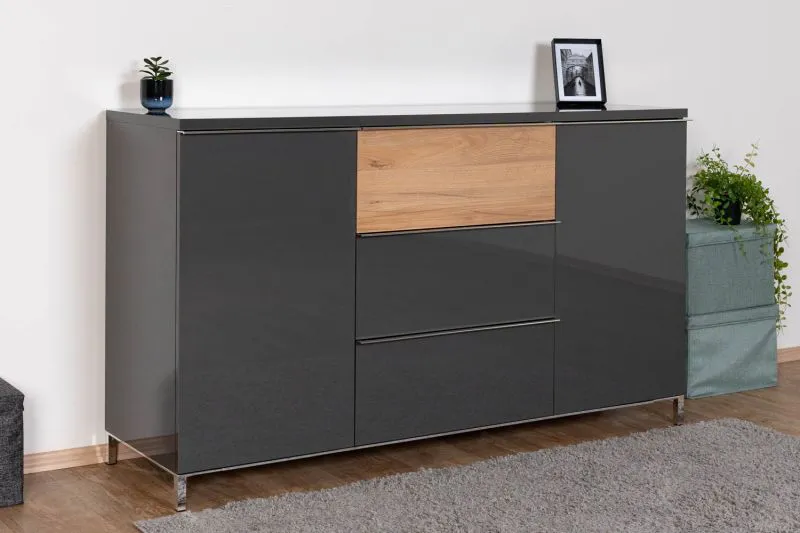 Commode Vaitele 13 | Anthracite brillant & Noyer | 88 x 152 x 45 cm | Design moderne, fermeture douce