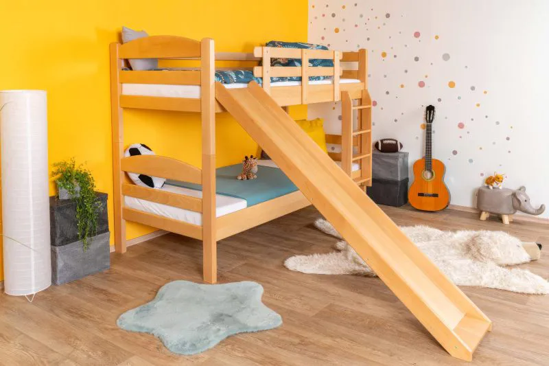 Lit superposé enfant avec toboggan 80 x 190 cm | Hêtre massif verni naturel | Séparable en 2 lits | Easy Premium Line K25/n