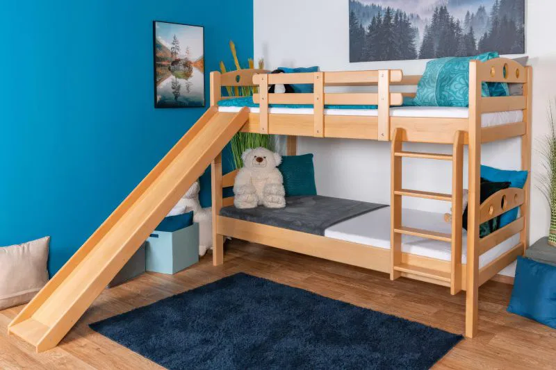 Lit mezzanine enfant 90x200 cm avec toboggan | Hêtre massif naturel | Séparable en 2 lits | Easy Premium Line K27/n
