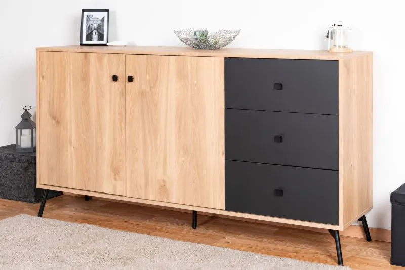 Buffet Lincolnia 04 | Chêne / Noir | 85 x 160 x 40 cm | 2 portes, 3 tiroirs, 4 niches