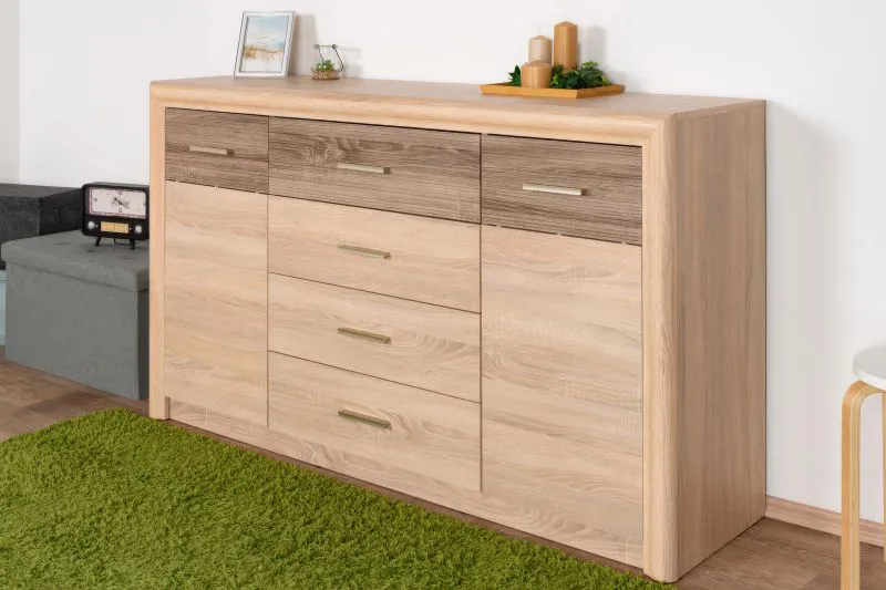 Commode Mesquite 08 | 2 portes, 4 tiroirs, 4 niches | Sonoma chêne clair & truffe | 91 x 165 x 40 cm