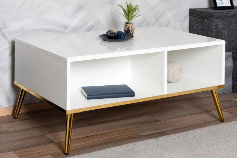 Table basse Roanoke 08 | Blanc / Blanc brillant | 90 x 60 x 42 cm | Pieds dorés élégants