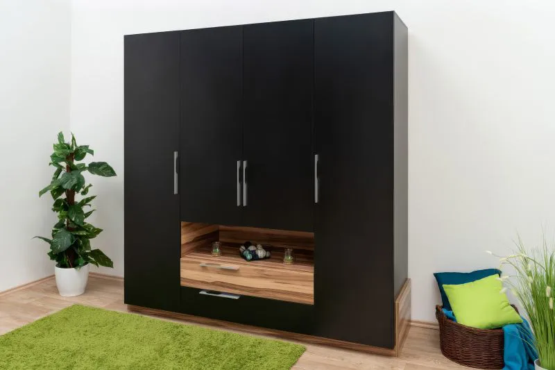 Armoire penderie Andenne 02 | Noir & Noyer | 215 x 210 x 60 cm | Rangement spacieux & design moderne