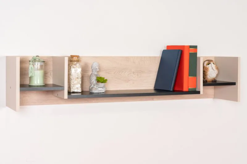 Étagère murale jeunesse Aalst 13 | Chêne, crème, noir | 25 x 125 x 24 cm | Design moderne et robuste