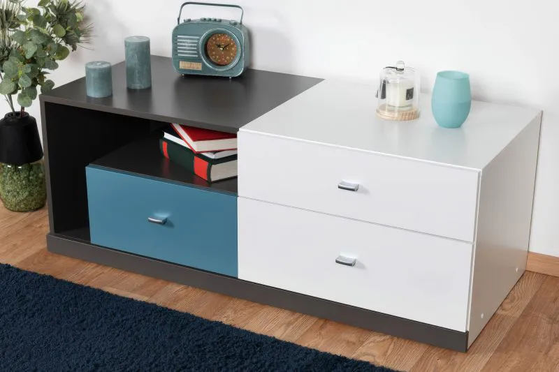 Meuble TV ado Ohey 08 | Gris, blanc, bleu | 45 x 120 x 50 cm | Design moderne et fonctionnel