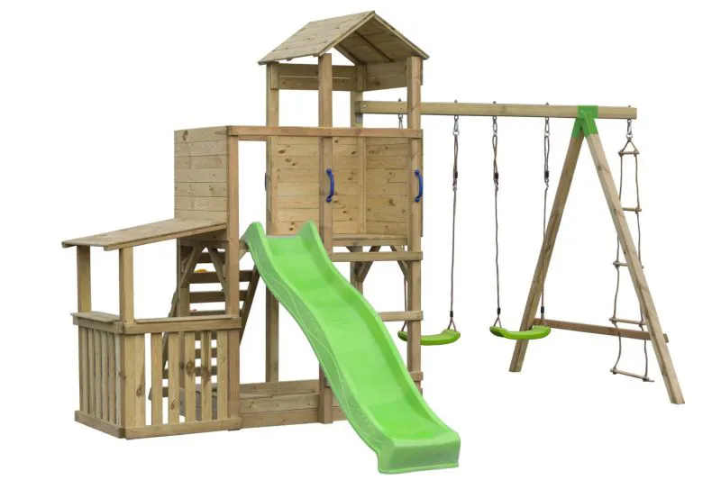 Tour de jeux 20 avec toboggan ondulé, bac à sable avec extension couverte, double balançoire annexe et échelle de corde - Dimensions : 450 x 370 cm (l x p)