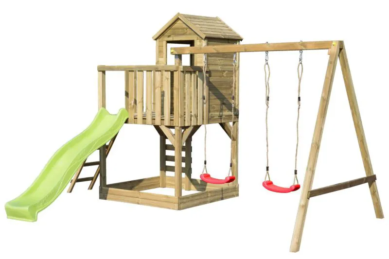 Tour de jeux S4A avec toboggan ondulé, balançoire double, balcon, bac à sable, mur d'escalade et échelle en bois - Dimensions : 450 x 330 cm (l x p)