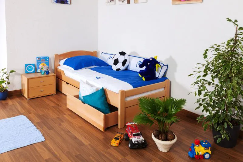 Lit pour enfant 90 x 200 cm | Bois massif: Hêtre | Laqué Naturel | incl. 2 tiroirs et sommier à lattes Abbildung