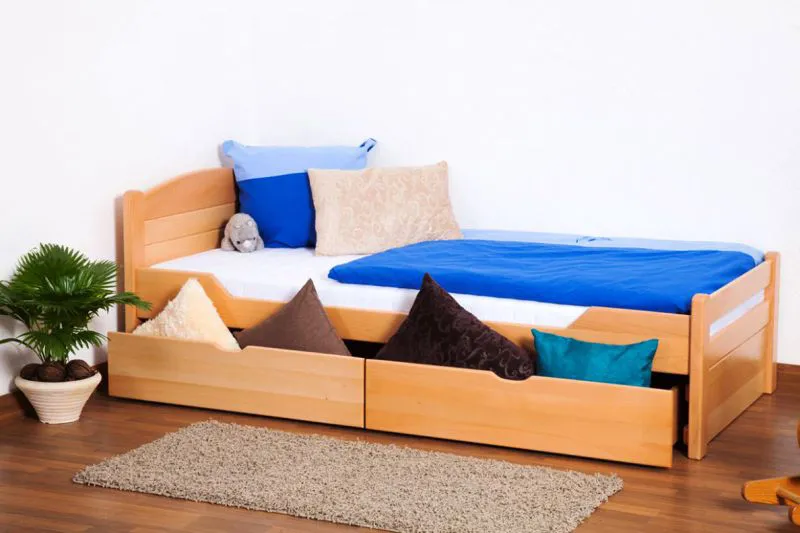 Lit pour enfant 90 x 200 cm | Bois massif: Hêtre | Laqué Naturel | incl. 2 tiroirs et sommier à lattes Abbildung