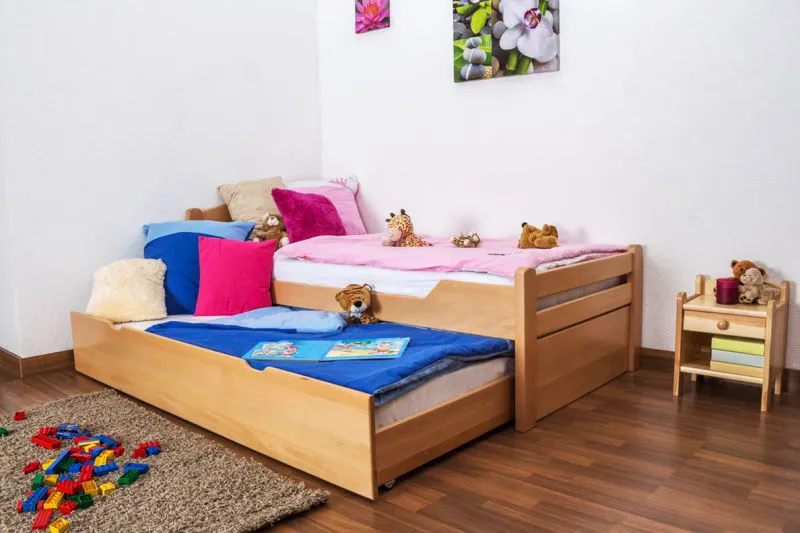 Chambre d'enfant-Lit 90 x 200 cm | Bois massif: Hêtre | Laqué Naturel |incl. 2ème couchette 90 x 190 cm extensible et 2 Sommiers à lattes Abbildung